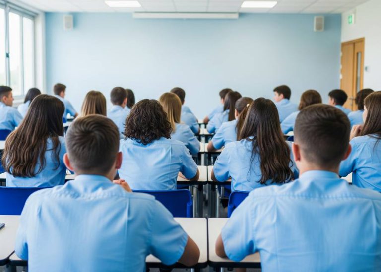 escuela estudiantes en salon de clases de espalda camisa azul